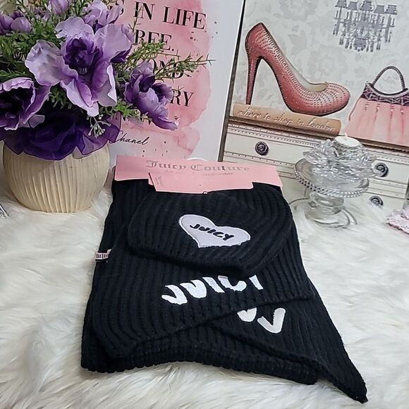 902 JUICY COUTURE BLACK SCARF & BEANIE SET NWT - Picture 1 of 7